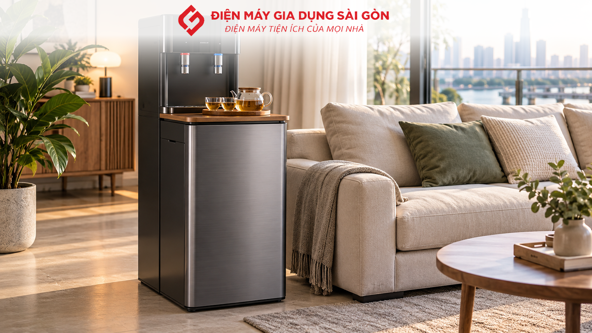 Cây nước nóng lạnh kết hợp bàn trà đặt trong phòng khách tại Bình Thạnh