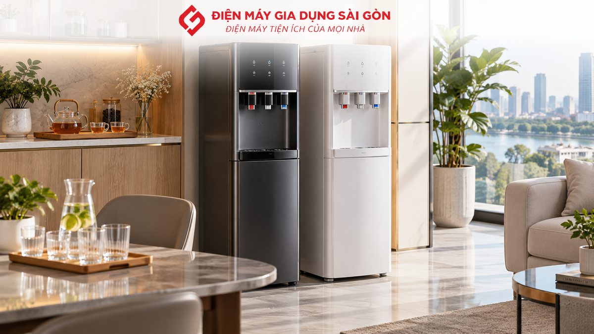 Hai mẫu cây nước nóng lạnh Fujihome WD210UE và WD211UE dạng bình âm trong không gian hiện đại