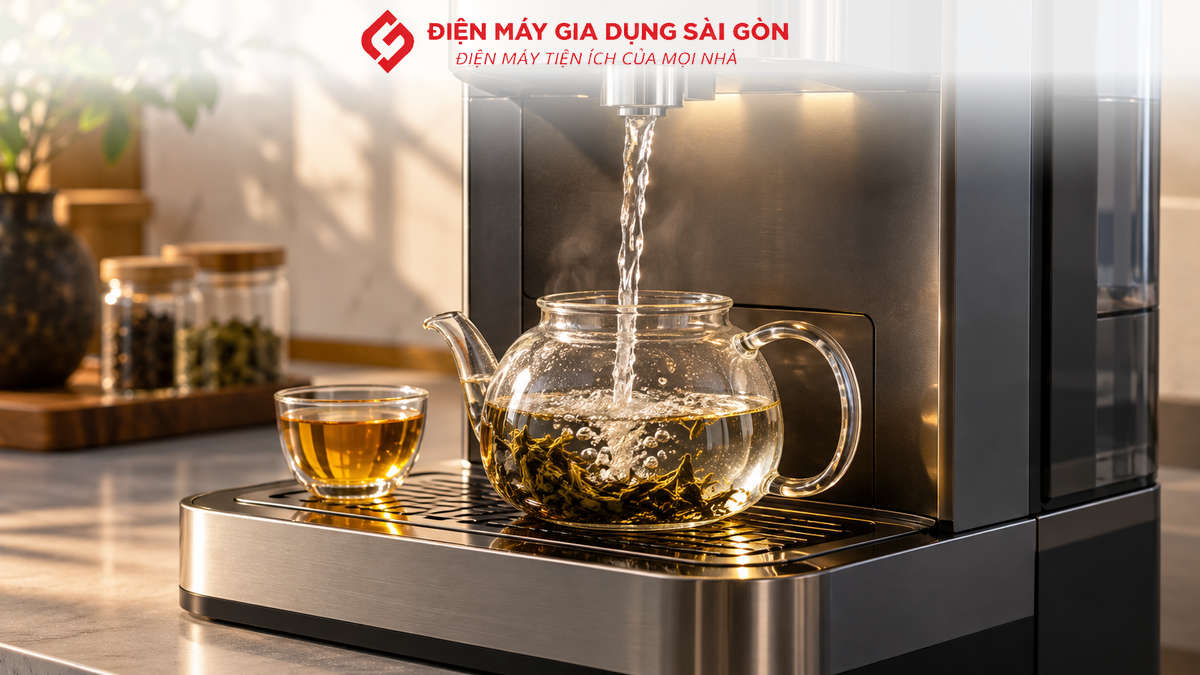 Cận cảnh khu vực vòi lấy nước và bàn pha trà của cây nước nóng lạnh