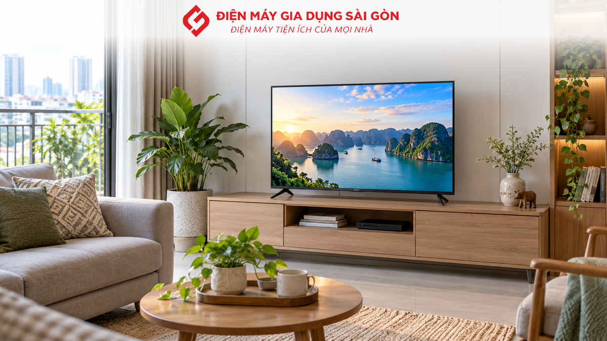 Tivi 43 inch đặt trên kệ trong phòng khách gia đình hiện đại