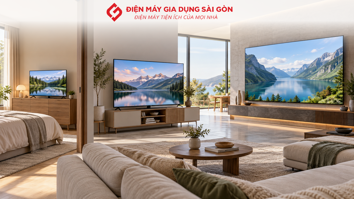 Các kích thước tivi được bố trí trong phòng ngủ, phòng khách vừa và phòng khách rộng.