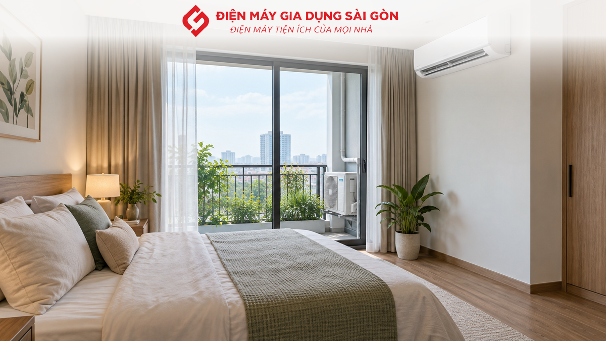 Máy lạnh treo tường được bố trí hợp lý trong căn phòng gia đình
