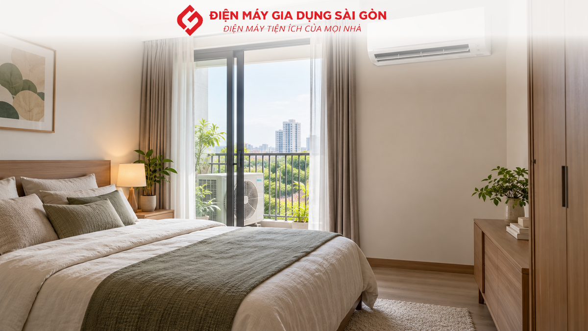 Máy lạnh treo tường được bố trí hợp lý trong căn phòng