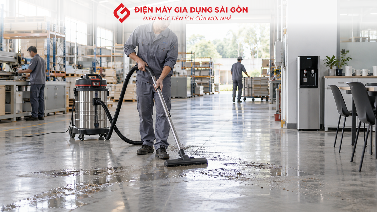 Máy hút bụi công nghiệp và máy lọc nước RO trong nhà xưởng tại Củ Chi