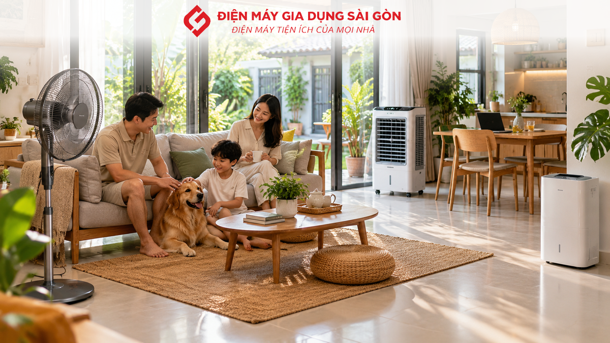 Quạt đứng, máy làm mát và máy hút ẩm trong không gian gia đình tại Củ Chi