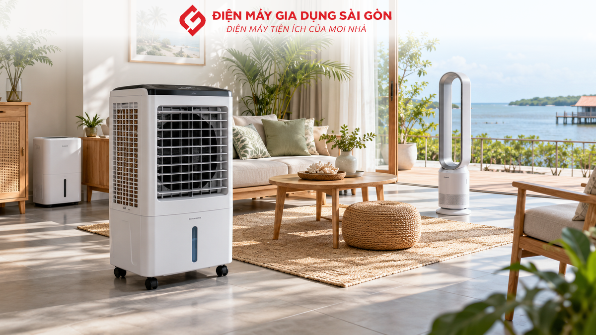 Máy làm mát, quạt không cánh và máy hút ẩm trong không gian gia đình tại Cần Giờ
