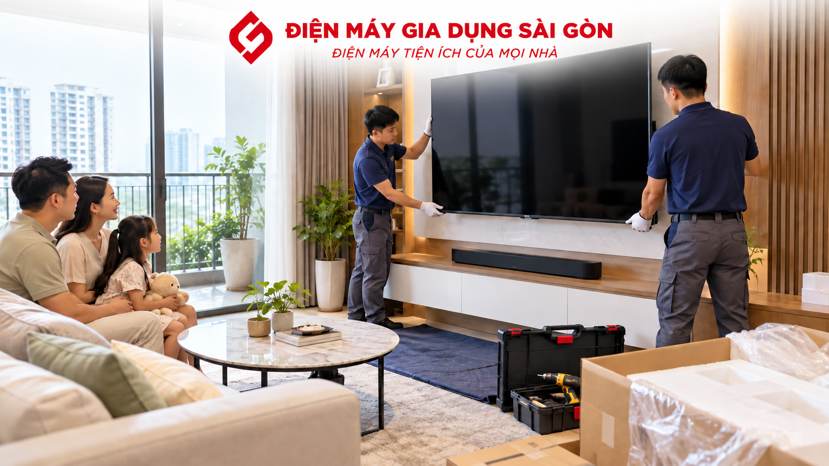 Kỹ thuật viên giao và lắp đặt tivi 65 inch tận nơi trong phòng khách gia đình tại Sài Gòn