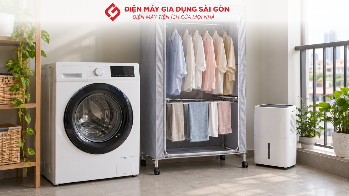 Máy giặt, máy sấy quần áo và máy hút ẩm trong góc giặt gia đình