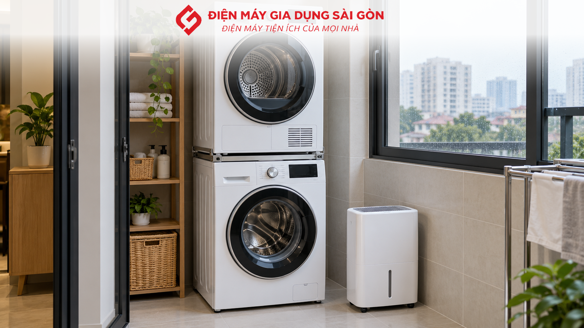 Máy giặt và máy sấy xếp chồng trong góc giặt gia đình