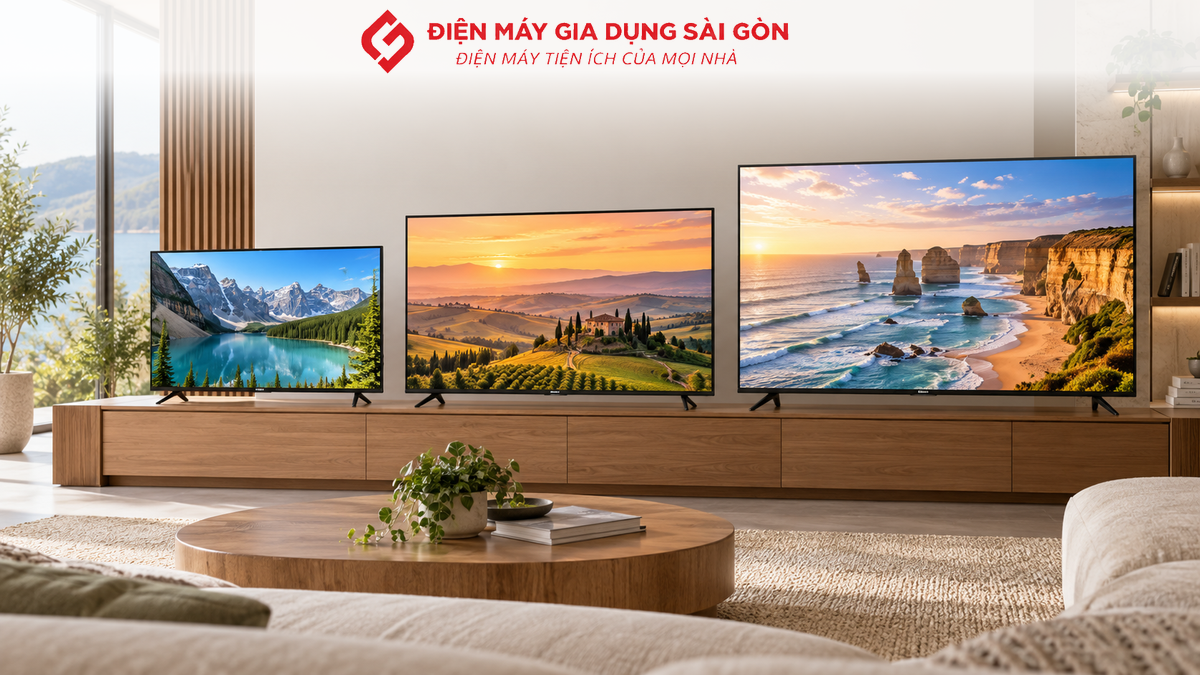 Tivi LED Hisense 55 inch 4K đặt trên kệ trong phòng khách gia đình