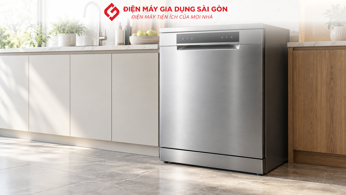 Khoang máy rửa chén KAFF với bát đĩa xếp trên khay và bộ lọc đặt cạnh máy.