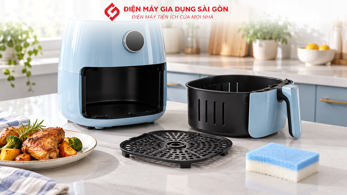 Nồi chiên không dầu cùng giỏ chiên tháo rời, minh họa cách sử dụng và vệ sinh thiết bị.