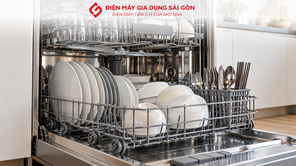 Các khay đựng chén bát bên trong máy rửa chén gia đình