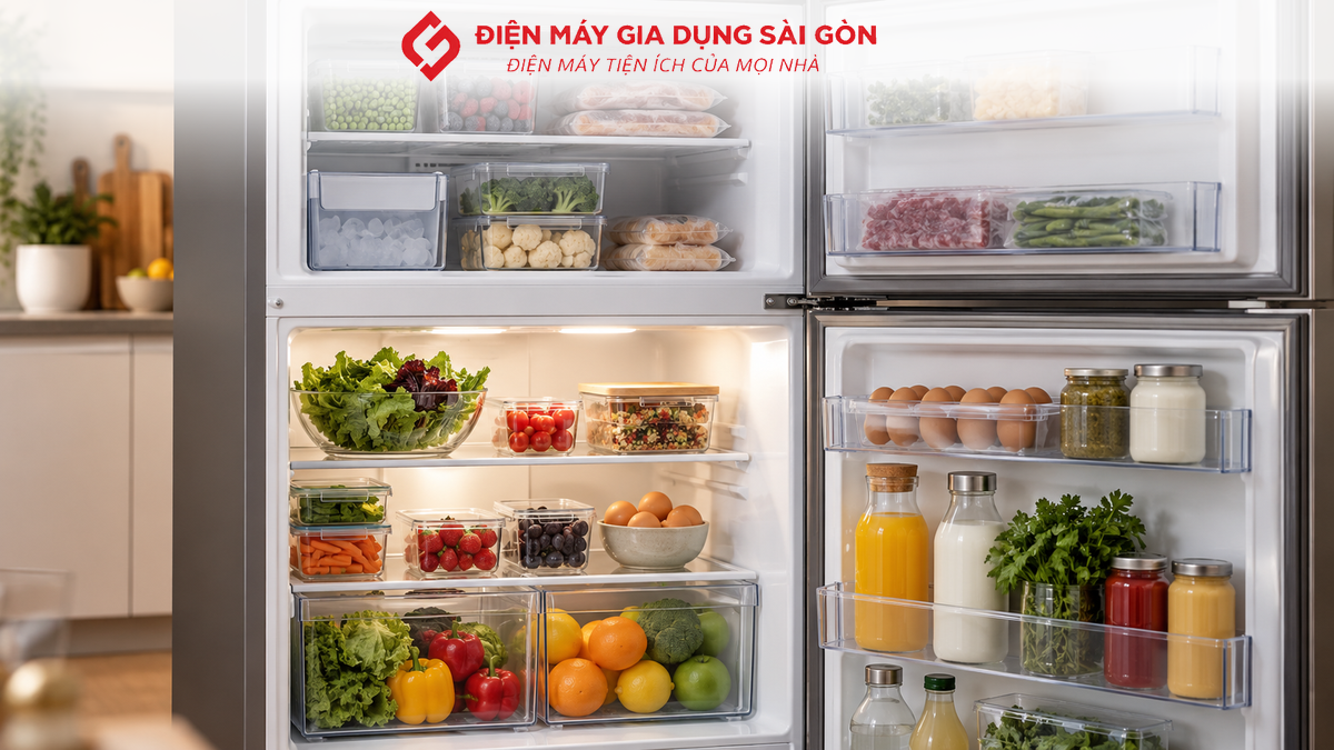 Khoang bên trong tủ lạnh với các ngăn kệ và khay cửa