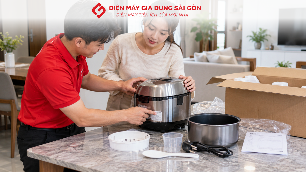 Khách hàng và nhân viên kiểm tra model phụ kiện và ngoại quan điện máy giá kho khi nhận hàng
