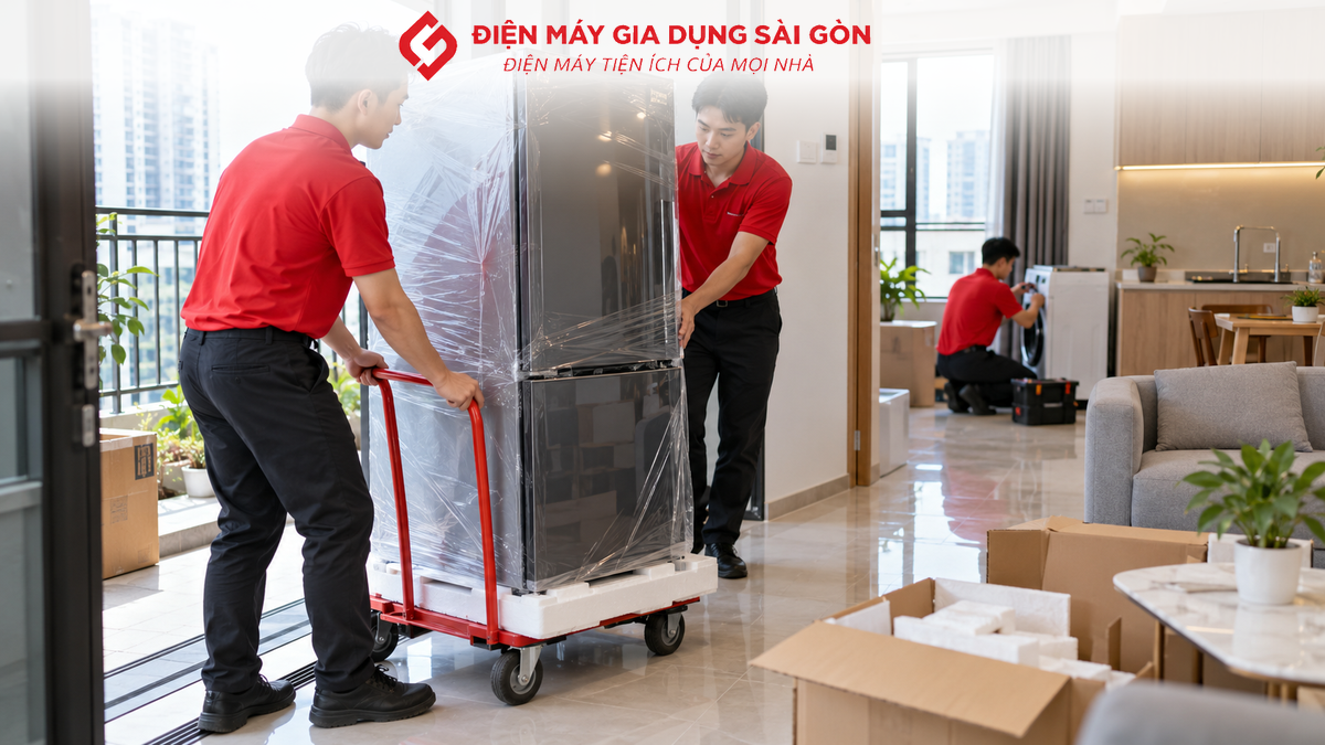 Khách hàng và nhân viên kiểm tra model phụ kiện và ngoại quan thiết bị điện máy sau khi giao tận nhà