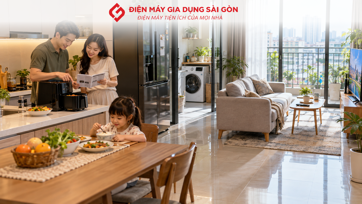 Khách hàng cùng nhân viên kiểm tra model phụ kiện và bảo hành thiết bị điện máy khi nhận hàng