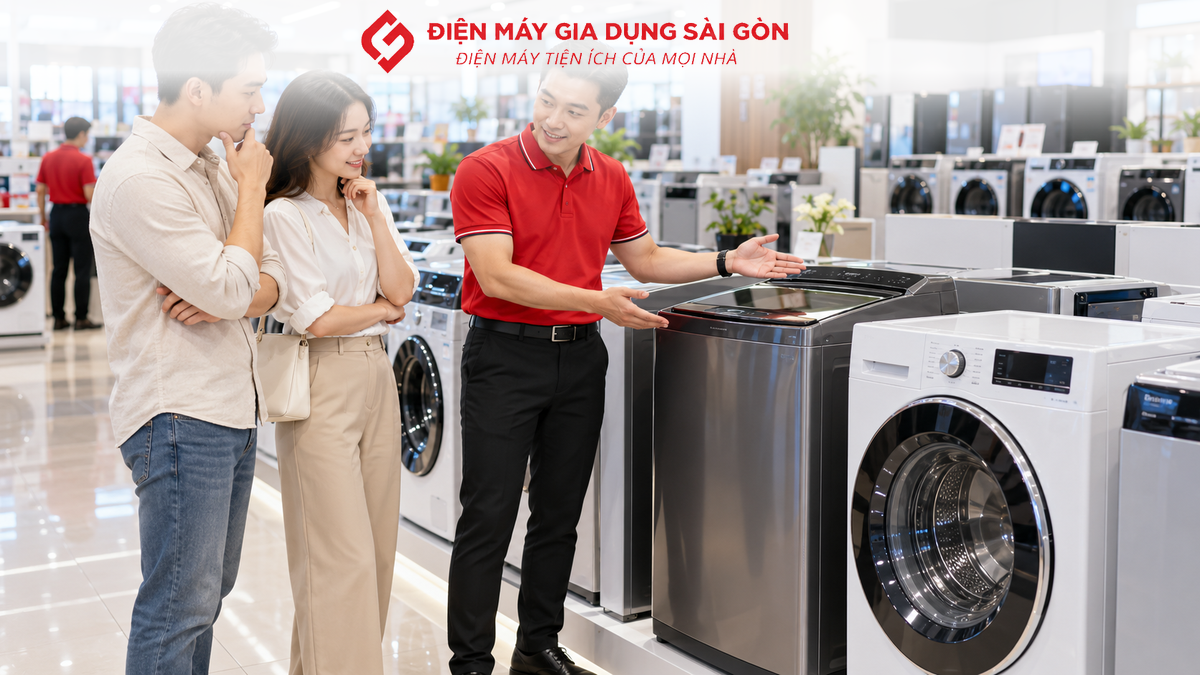Nhân viên áo đỏ tư vấn khách hàng so sánh máy giặt cửa trên và cửa trước tại cửa hàng điện máy