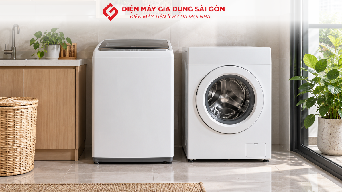 Máy giặt cửa trên và máy giặt cửa trước đặt cạnh nhau