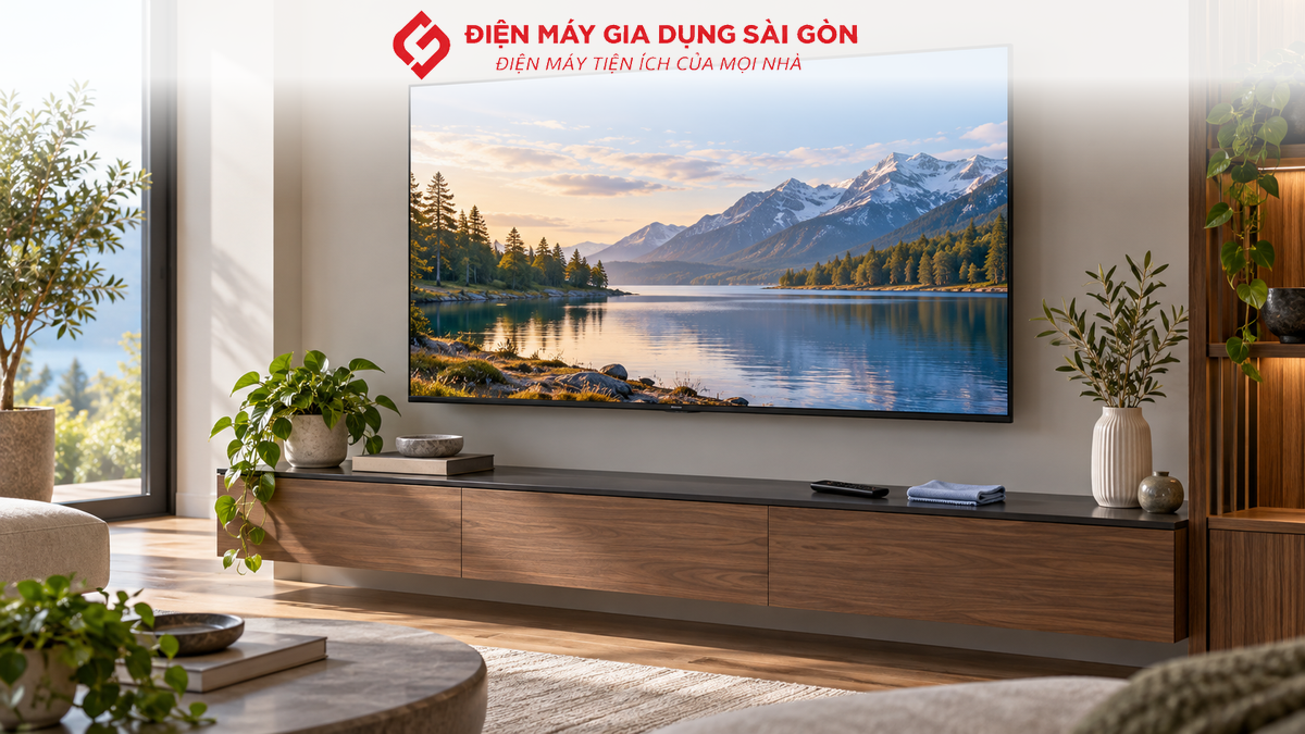 Tivi treo tường với dây dẫn gọn gàng, điều khiển và khăn lau mềm đặt bên dưới.