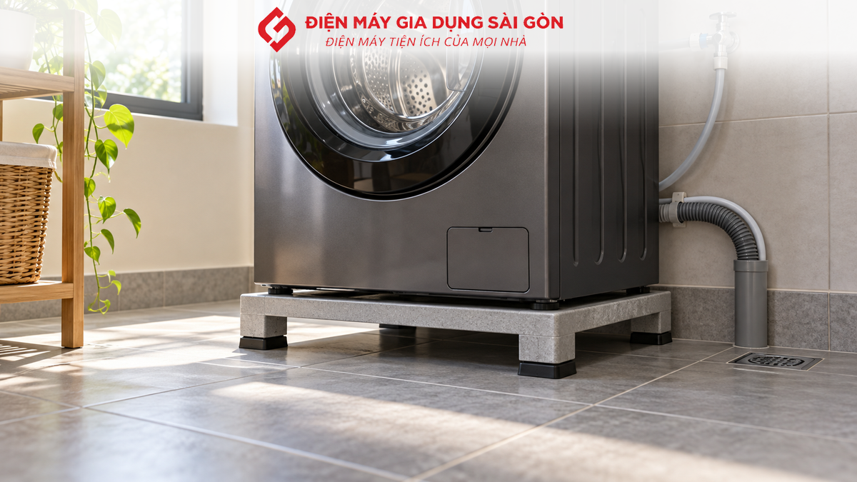 Máy giặt cửa ngang kê trên chân đế trong khu giặt gia đình