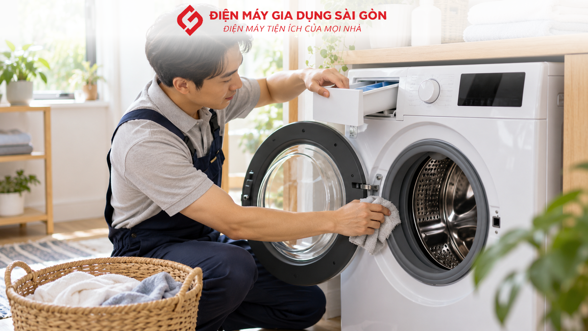 Kỹ thuật viên cân chỉnh chân máy giặt và kiểm tra vị trí lắp đặt trên nền phẳng