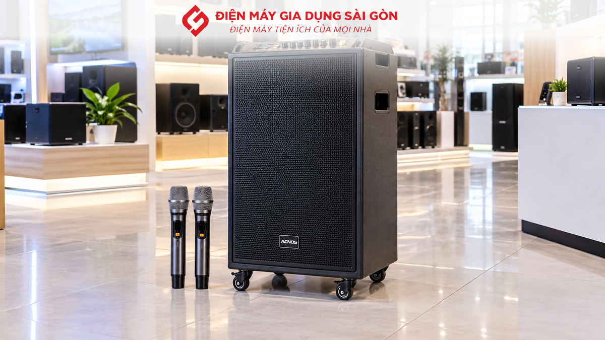 Loa karaoke di động ACNOS CB406Neo đặt trong phòng khách hiện đại, phù hợp nhu cầu giải trí gia đình