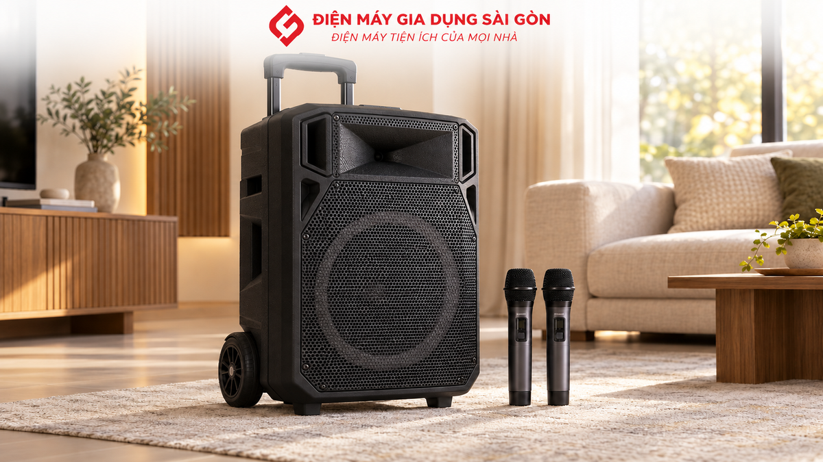 Loa kéo Nanomax B-12 đặt cạnh hai micro karaoke đi kèm