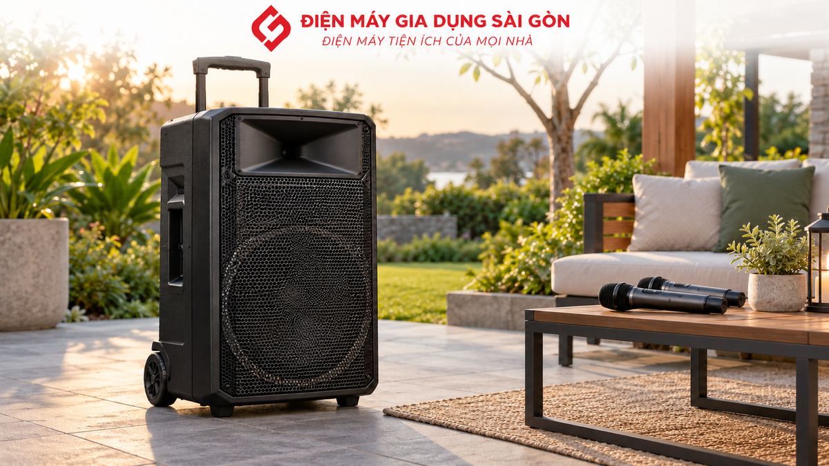 Loa kéo Nanomax B-12 đặt tại khu vực sân vườn ngoài trời