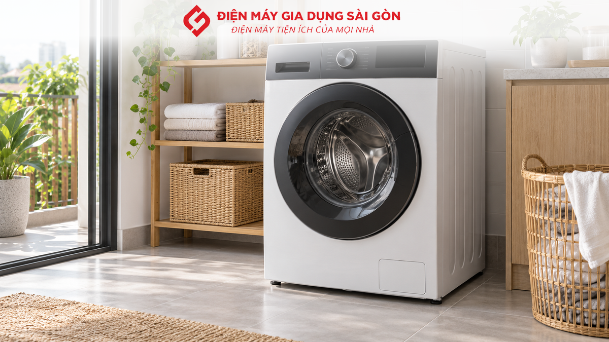 Cận cảnh cửa và lồng máy giặt sấy đang mở