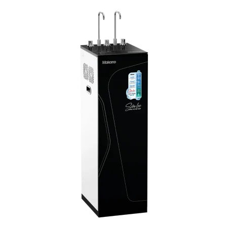 Thiết kế máy lọc nước Makano MN312 với hai vòi lấy nước và thân tủ đen trắng.