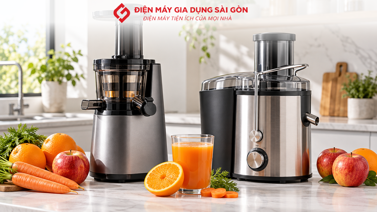 Các loại máy ép trái cây đặt trên bàn bếp, minh họa kinh nghiệm chọn mua máy ép phù hợp.