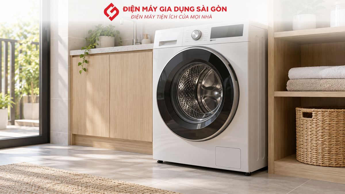 Máy giặt cửa ngang giặt sấy đặt trong khu giặt gia đình tại Thủ Đức