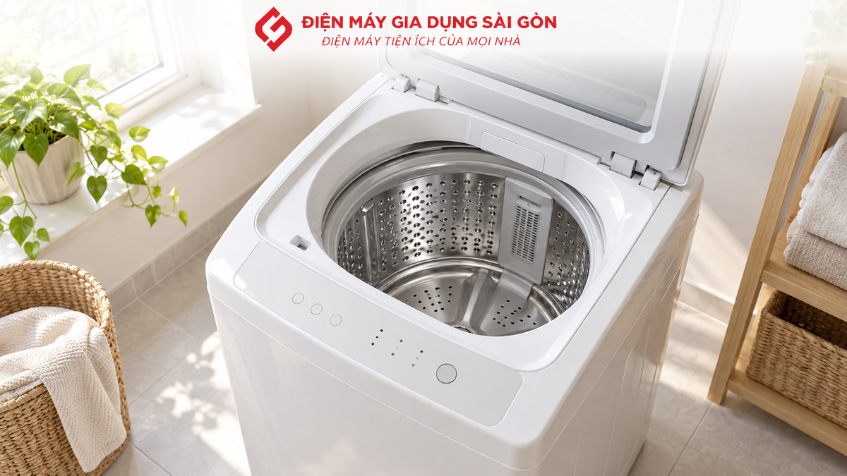 Máy giặt cửa trên với nắp mở và lồng giặt bên trong