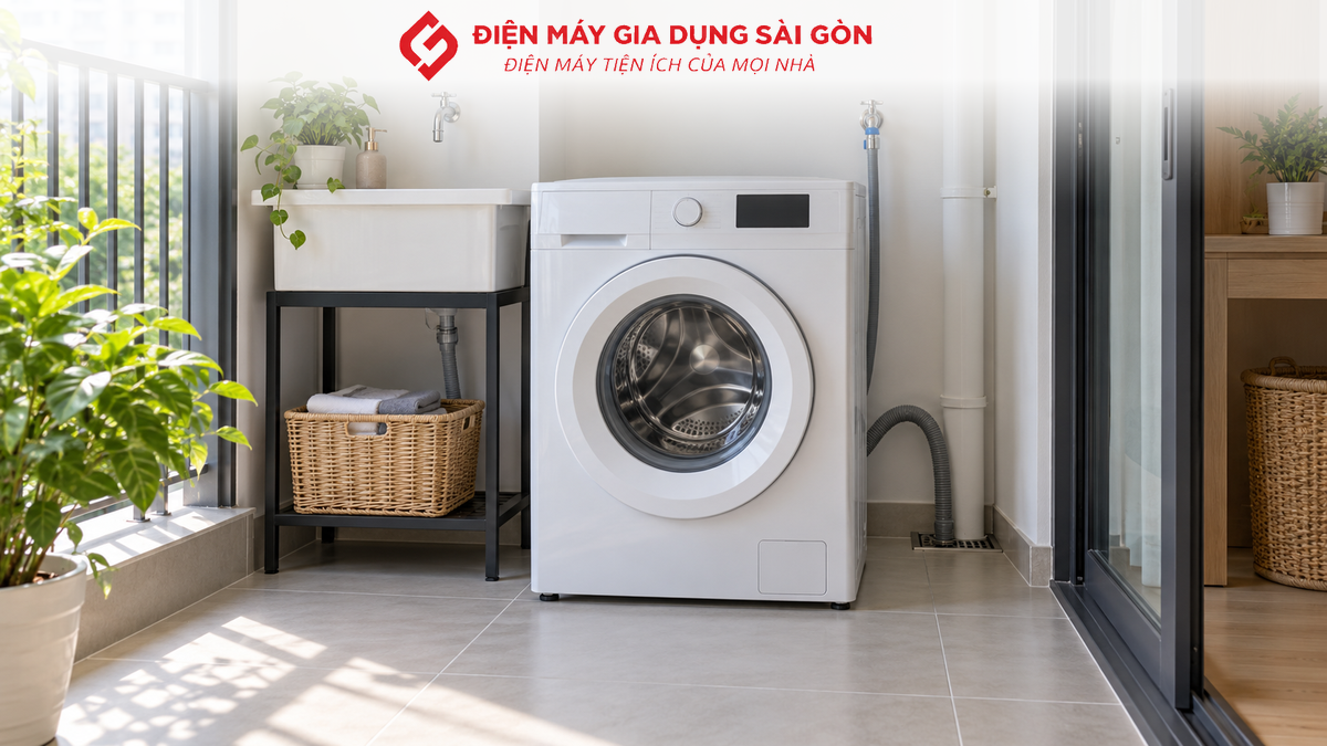Máy giặt được đặt gọn gàng trên sàn phẳng trong khu vực giặt của gia đình