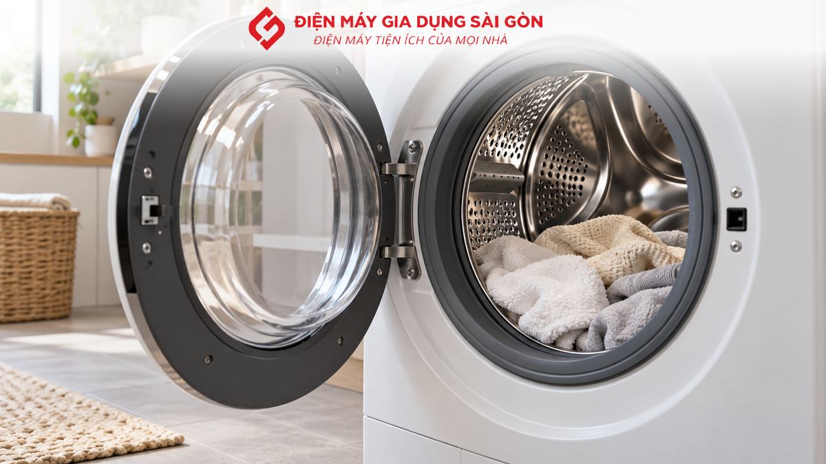 Máy giặt sấy cửa trước đặt trong khu vực giặt giũ gia đình
