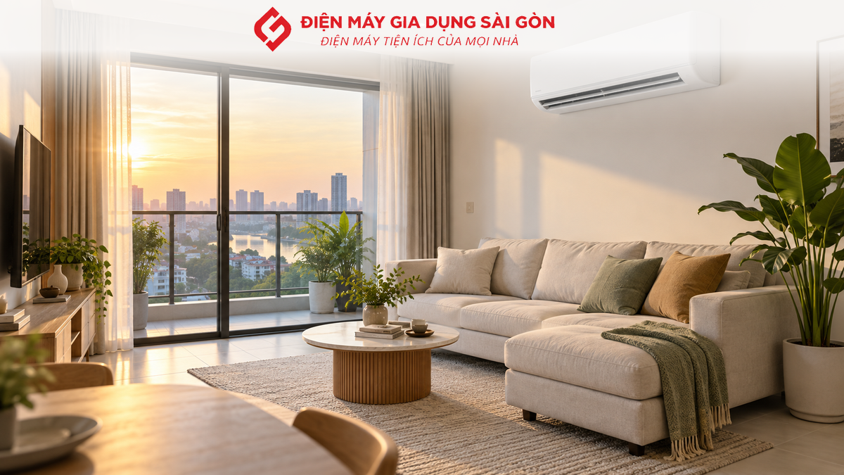 Máy lạnh treo tường được lắp trong phòng khách gia đình tại Bình Tân