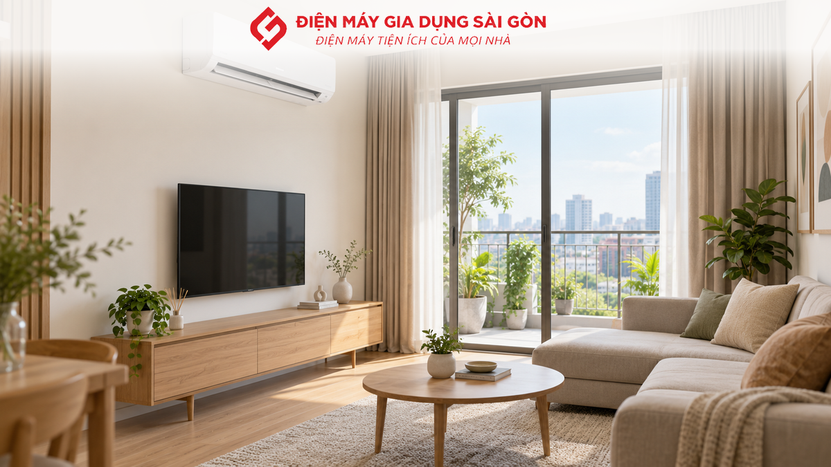 Máy lạnh treo tường trong phòng khách gia đình tại Hóc Môn