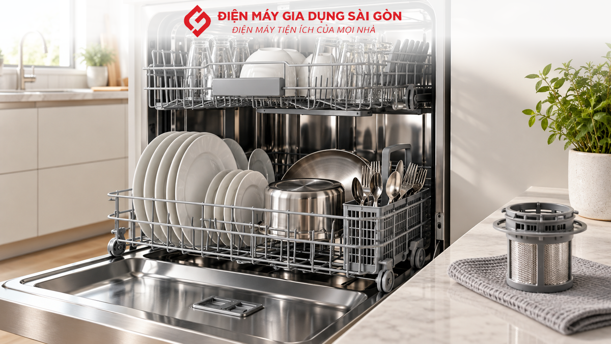 Máy rửa chén KAFF đặt trong gian bếp gia đình, bên trong xếp bát đĩa trên các khay.
