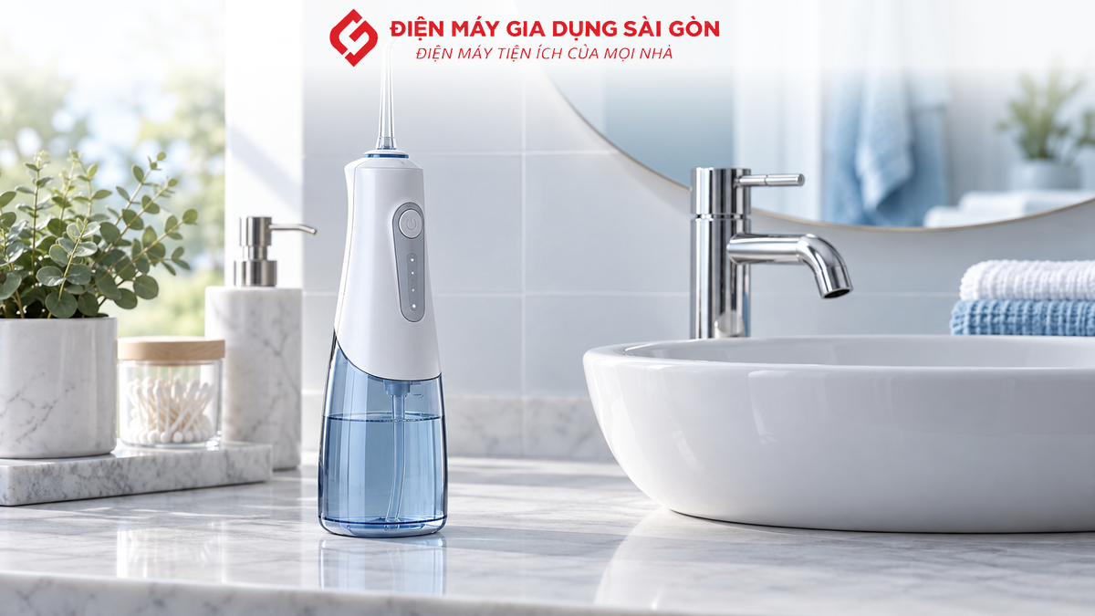 Máy tăm nước Fuji Master đặt trên bàn lavabo phòng tắm