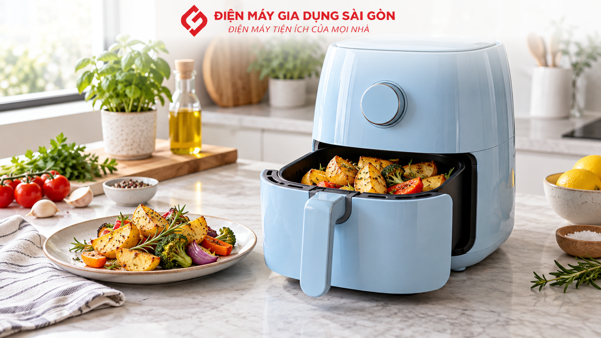 Nồi chiên không dầu Unie Sky Blue đặt trong gian bếp hiện đại.