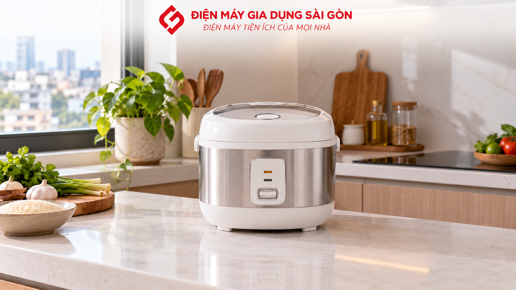 Nồi cơm điện nắp gài Toshiba 1 lít đặt trên bàn bếp