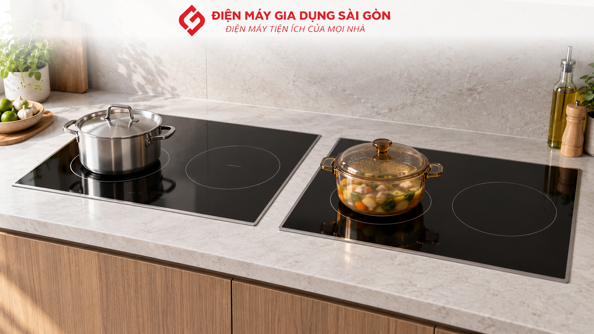 Bếp từ và bếp hồng ngoại được bố trí cạnh nhau với các loại nồi phù hợp