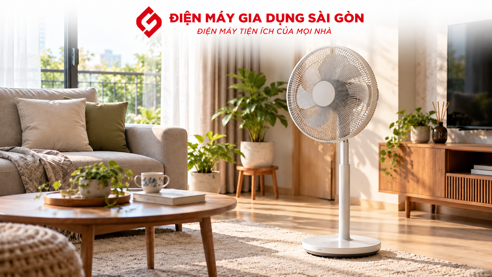 Quạt đứng gia đình đặt trong phòng khách hiện đại với remote điều khiển từ xa