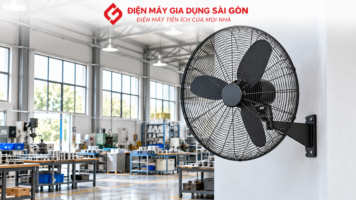 Quạt treo tường công nghiệp Ching Hai W24-3Đ lắp trong nhà xưởng