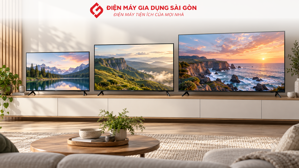 Ba smart tivi kích thước 43, 50 và 65 inch đặt cạnh nhau