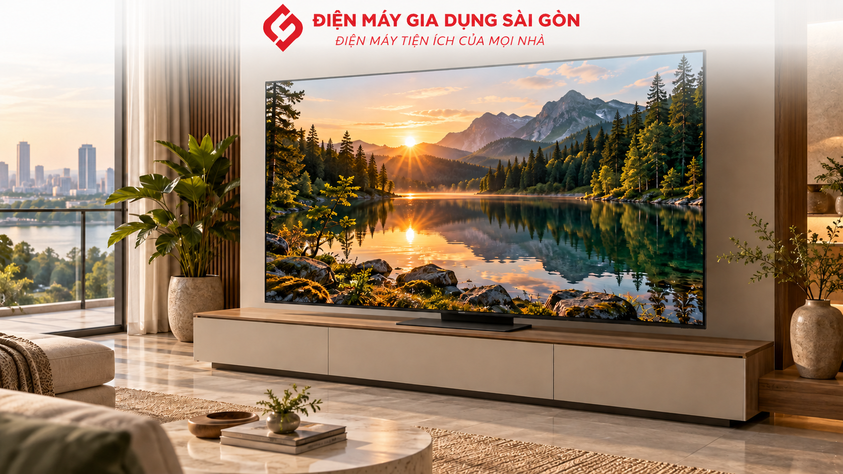 Smart Tivi Neo QLED Samsung AI 4K đặt trong phòng khách hiện đại