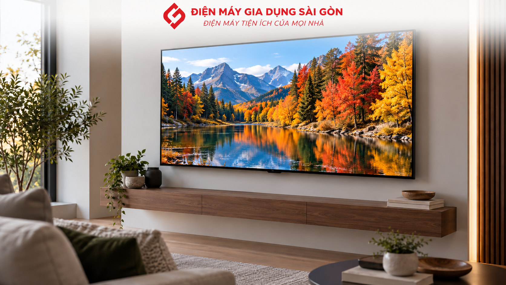 Smart Tivi QLED Samsung 4K 55 inch đặt trên kệ trong phòng khách