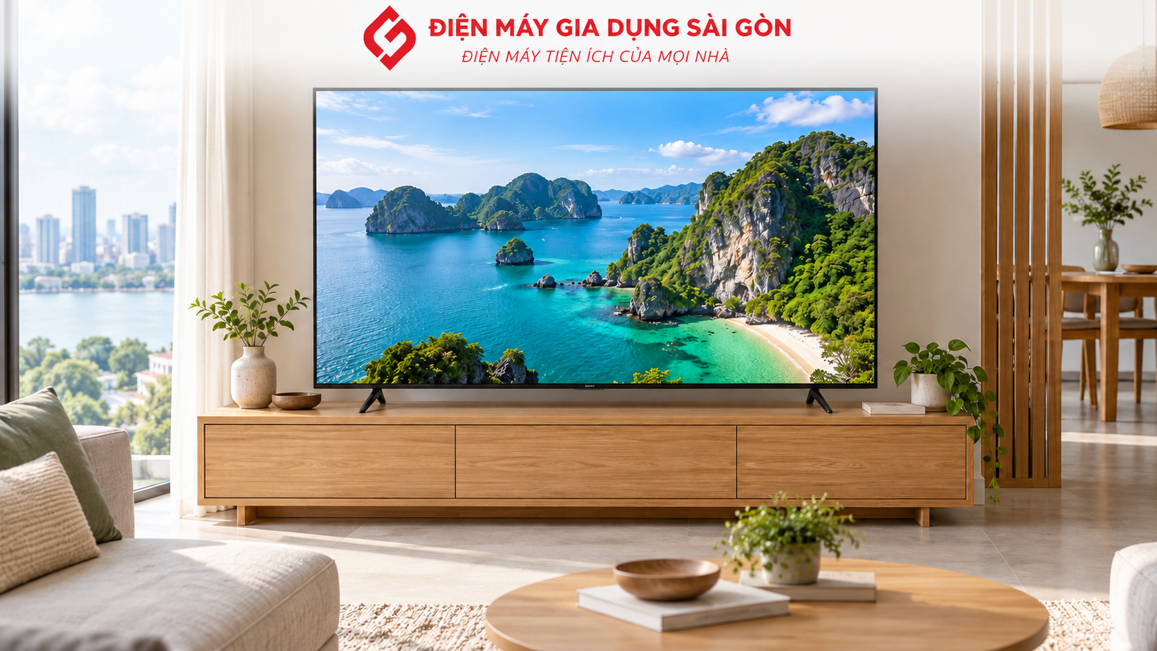 Smart Tivi QLED Samsung 55 inch treo tường trong không gian sinh hoạt