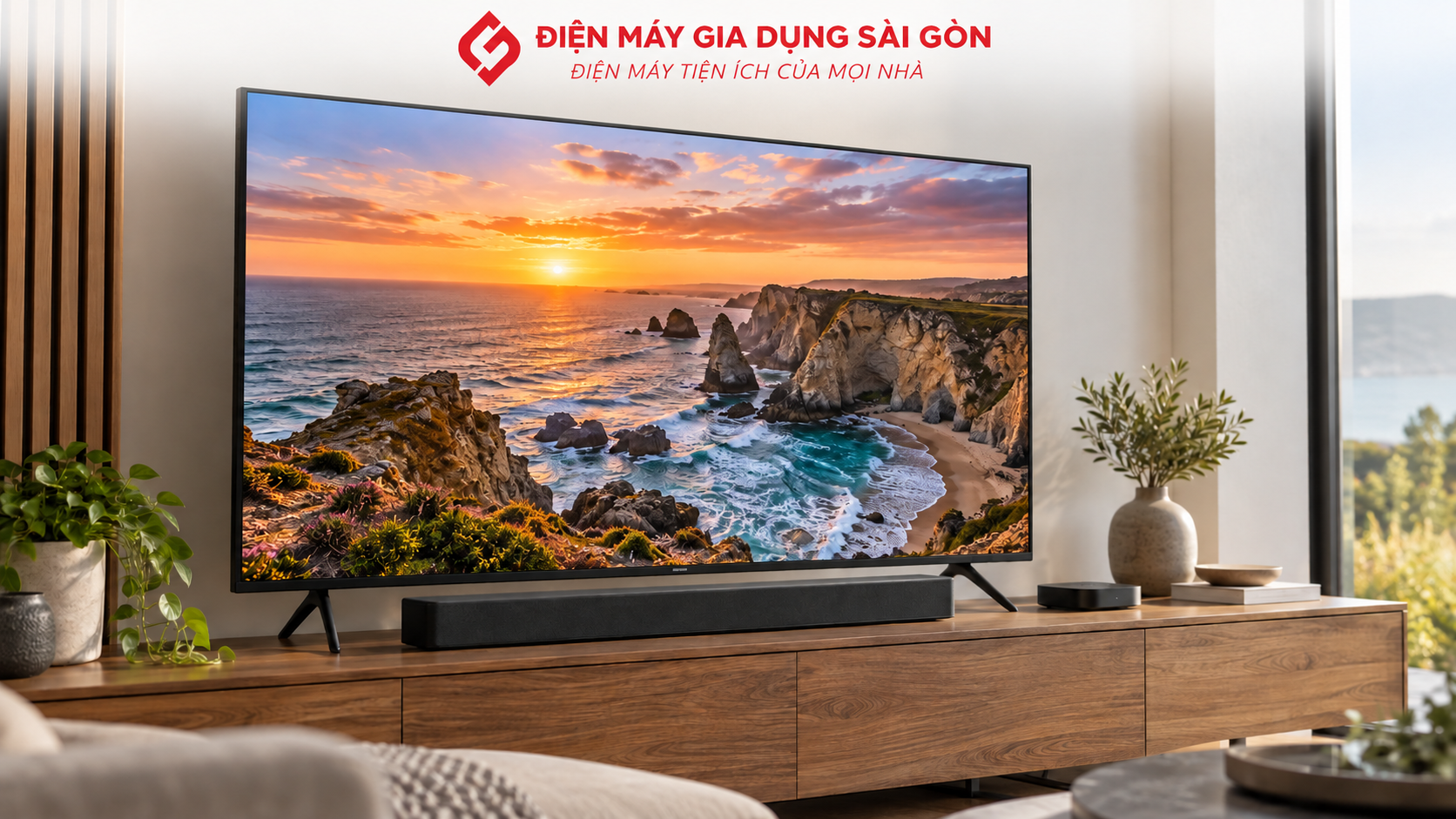 Smart Tivi Samsung UA43CU8000 hiển thị hình ảnh 4K cạnh các thiết bị giải trí gia đình